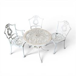 Victorian design cast aluminium circular garden table, and three chairs