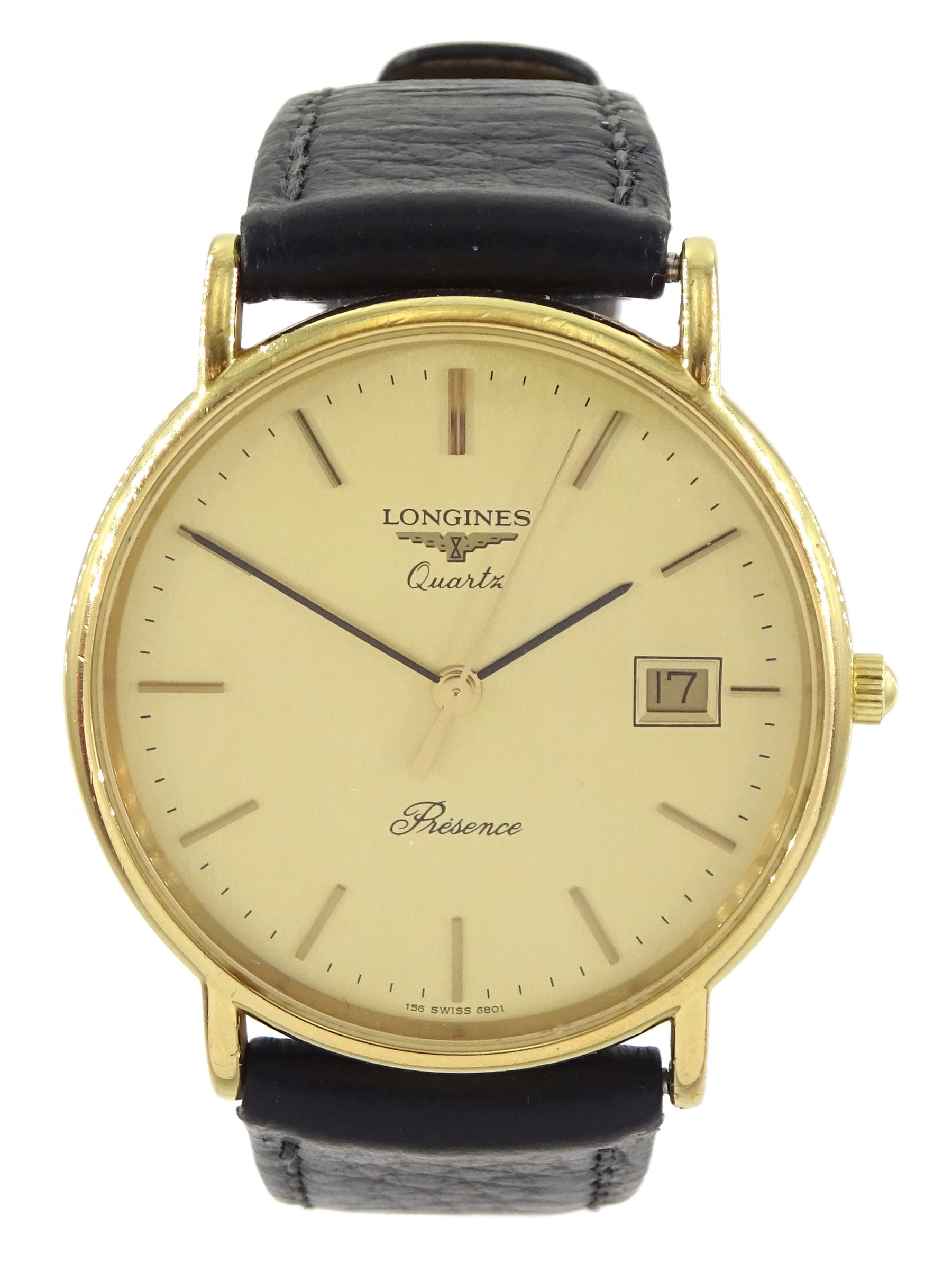 Longines Presence gentleman's gold-plated and stainless steel quartz wristwatch, champagne dial with baton hour markers and date aperture, on black leather strap, boxed
