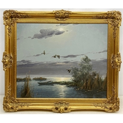 Gerard Brouwer (Dutch 1938-): Mallards in Flight, oil on canvas signed 49cm x 60cm 