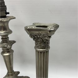 Pair of Corinthian column candlesticks, and a silver plated lamp, candlesticks H26cm