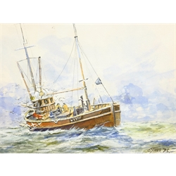 Desmond 'Des' G Sythes (British 1929-2008): Whitby Trawler 'Achieve', watercolour signed and dated '75, titled on label verso 17cm x 23cm