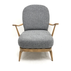 Ercol WIndsor beech easy armchair, recently restored with new grey tweed upholstery, cushions and webbing, W72cm