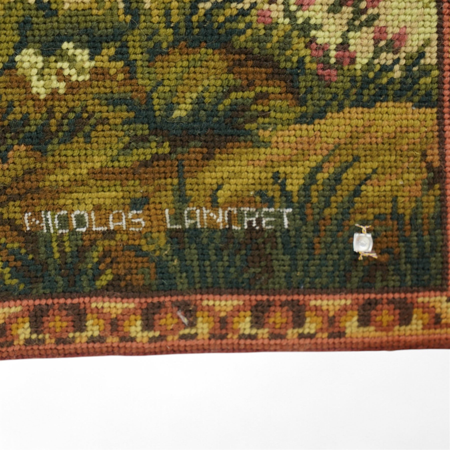 20th century tapestry mounted on wooden panel , after Nicolas Lancret (French 1690-1743), depicting figures in a landscape, approx 65cm x 138cm 