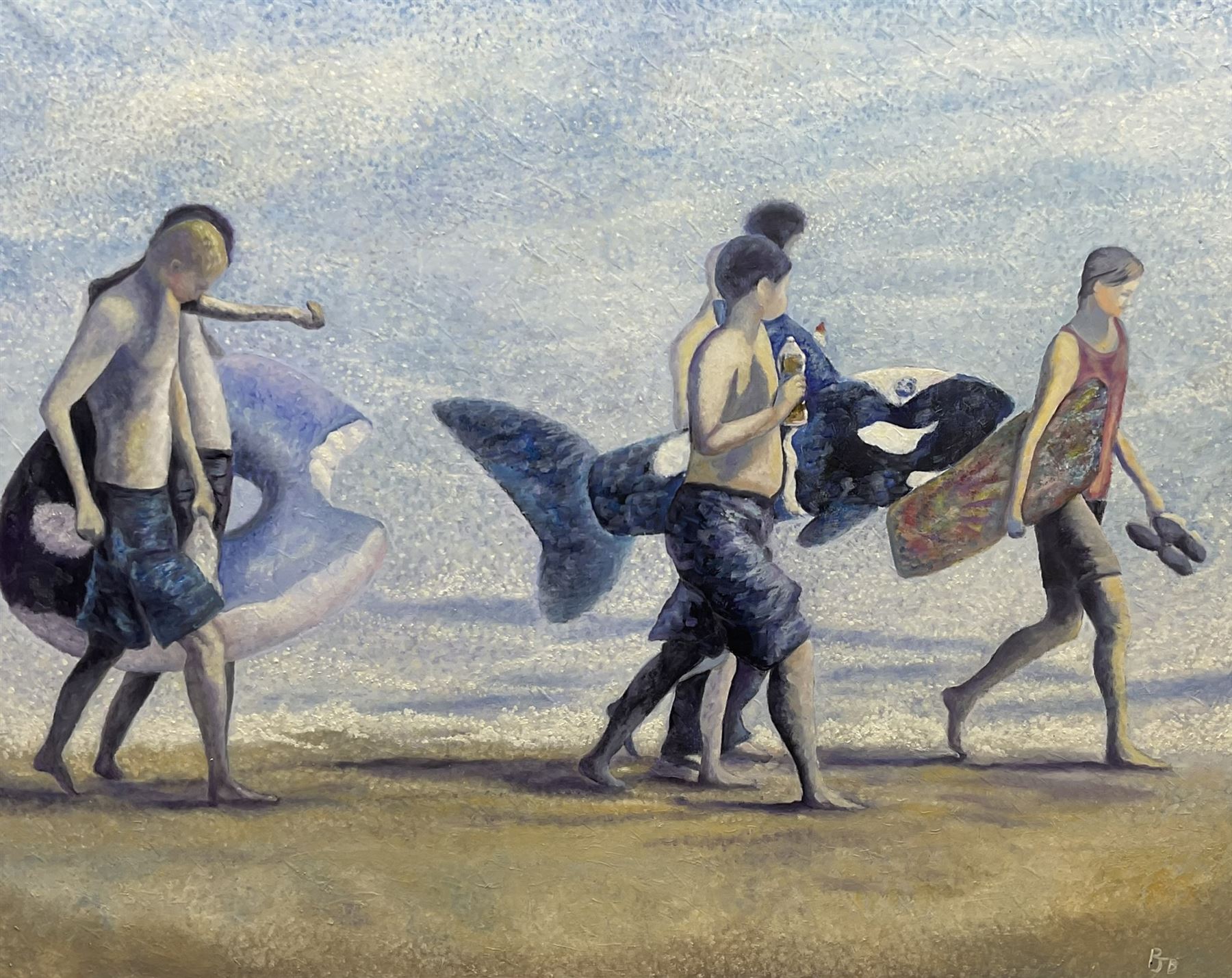 Peter J Bailey (British 1951-): 'The Wild Swimmers' - South Bay Scarborough, oil on canvas signed, titled verso 81cm x 102cm