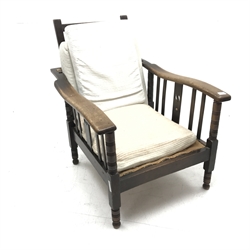 Early 20th century oak reclining armchair , turned supports, W71cm