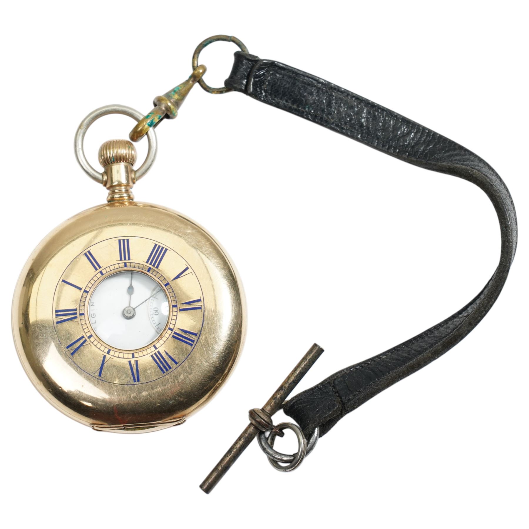 Elgin gold plated half-hunter top-wind pocket watch, white enamel dial with Roman numerals and subsidiary seconds dial