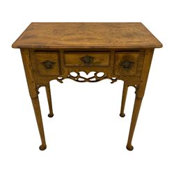 Georgian style burr elm lowboy, mahogany banded top, fitted with three drawers, fretwork frieze