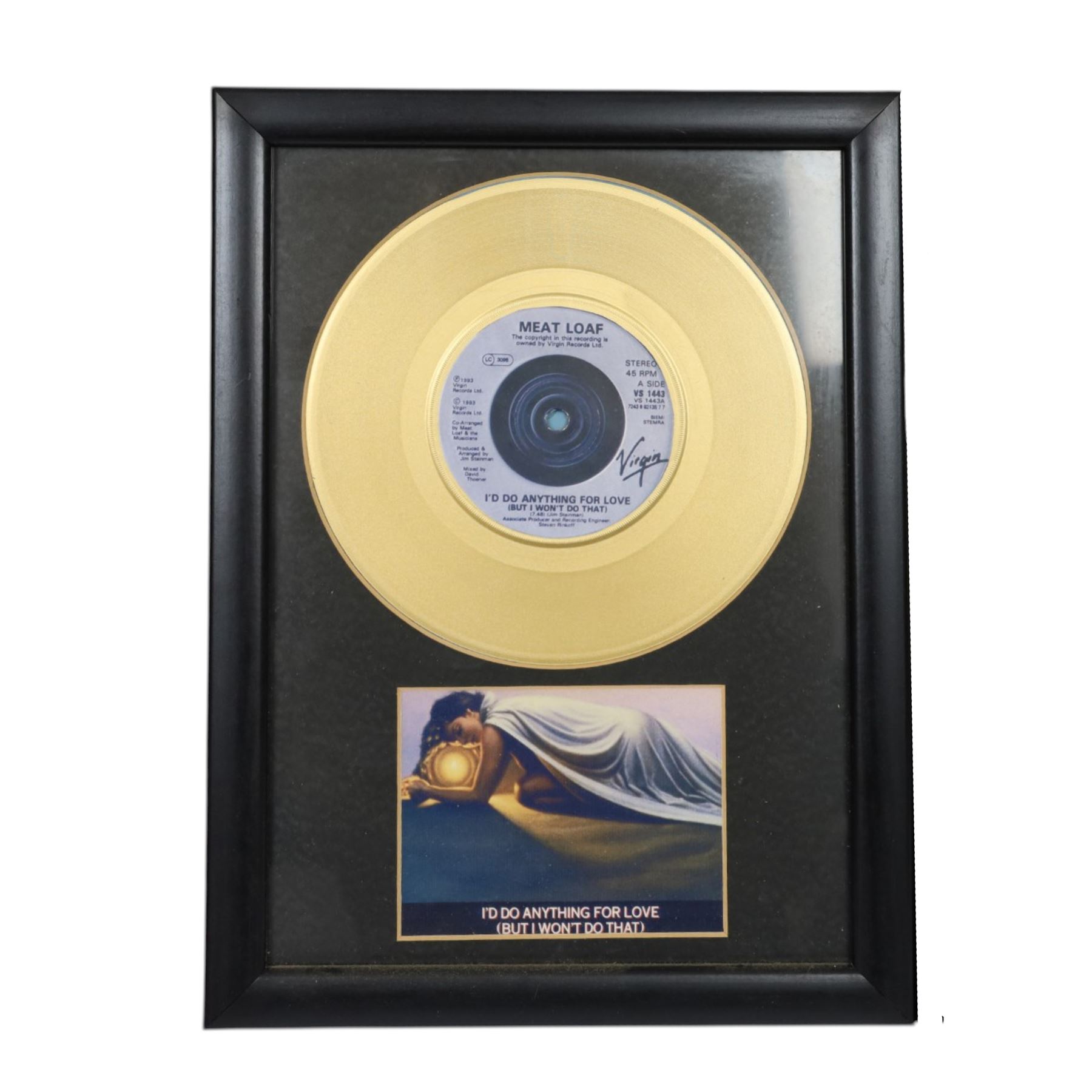 Seven framed record displays, including Meat Loaf 'Razor's Edge', Jim Steinman 'Bad For Good', Meat Loaf 'Bat Out of Hell' and 'I'd Do Anything For Love' gold coloured vinyls, David Bowie 'Life On Mars', Rod Stewart 'Sweet Surrender' and Rod Stewart 'Infatuation', largest H58cm