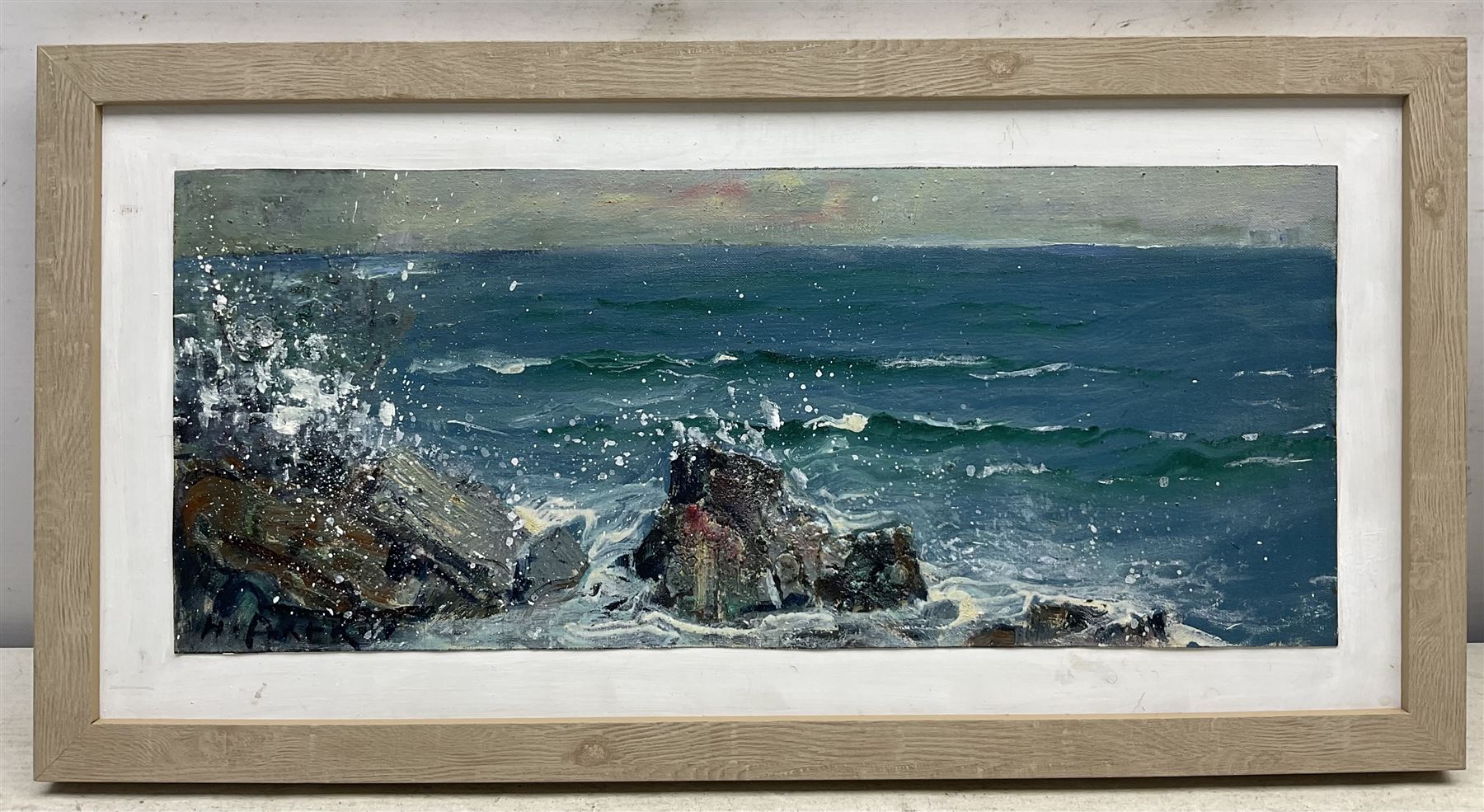 Rupert Aker (British Contemporary): Seascape, mixed media on canvas laid on board signed 19cm x 45cm