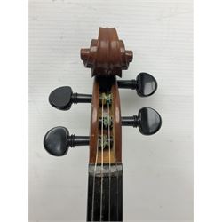 Chinese Parrot violin with 35.5cm two-piece back; L59.5cm in carrying case; and early 20th century German violin for restoration; bears label 'Antonius Stradivarius Faciebat Anno 1730'; cased with bow (2)