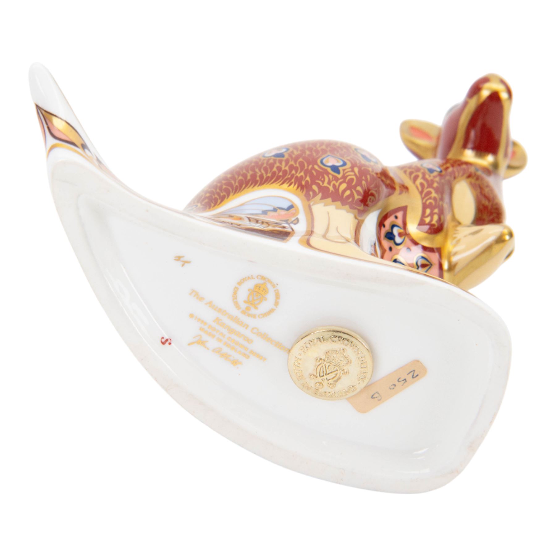 Set of three Royal Crown Derby paperweights, The Australian Collection, Kangaroo and Joey, Duck-billed Platypus, and Koala and Baby, part of a gold signature edition with limited availability until the end of 2000, each with gold stoppers, Kangaroo and Joey H15cm