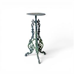 19th century ornate cast iron high garden drinks table, small circular pierced top, raised on three legged base