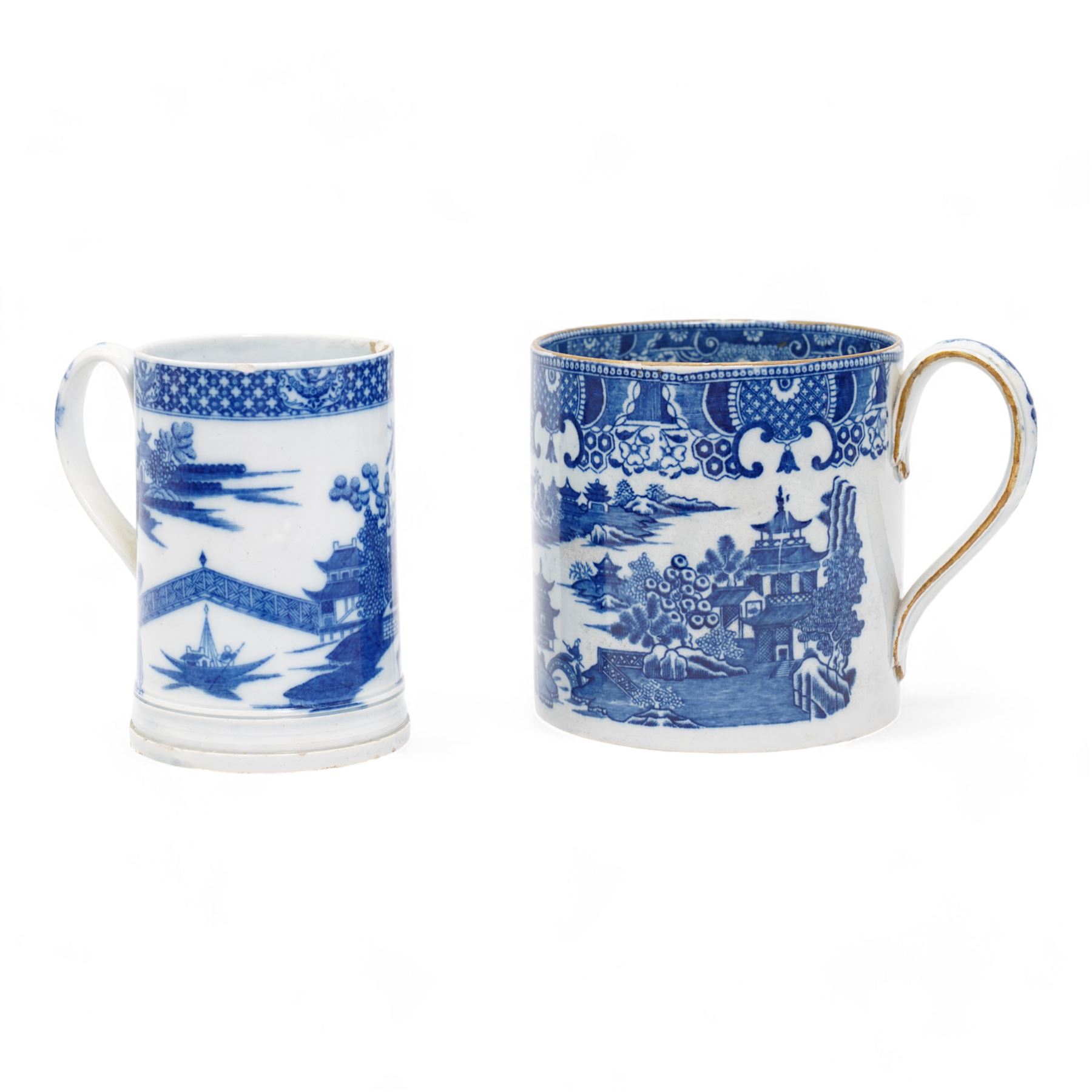 Early 19th century pearlware blue and white willow pattern tankard, possibly Swansea Pottery, together with another 19th century pearlware tankard (2)