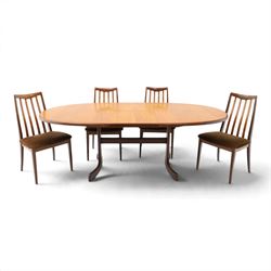 G Plan - Mid 20th century teak extending dining table and four chairs, oval top with stowe...