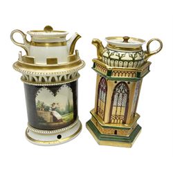 Two 19th century continental teapots and warmers, each teapot upon a cylindrical warming base, one in the form of a hexagon turret, the other hand painted with a figural plaque, largest H24cm