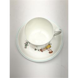 Shelley Boo Boo three piece tea set designed by Mabel Lucie Attwell, comprising teapot modelled as a house, sugar bowl modelled as a toadstool, and creamer modelled as an elf, each with printed marks beneath, together with a Shelley Mabel Lucie Attwell teacup and saucer. 