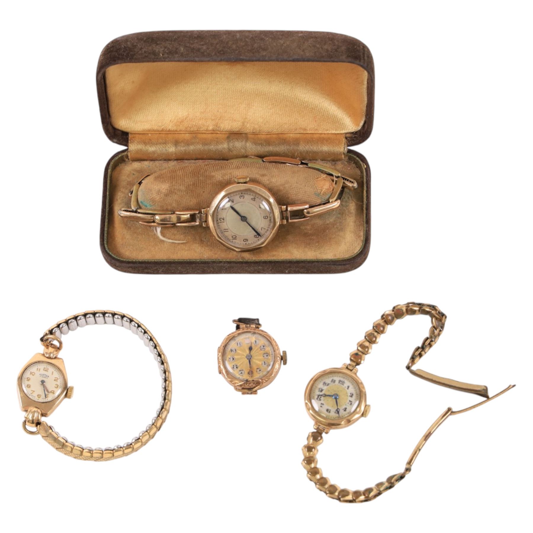 Four 9ct gold manual wind wristwatches, three on gold-plated bracelet straps