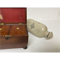 sarcophagus shaped tea caddy with bun feet, together with two stone hot water bottles, caddy H17cm 
