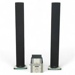 pair of 'Definitive' speakers on glass stands, speakers H120cm
