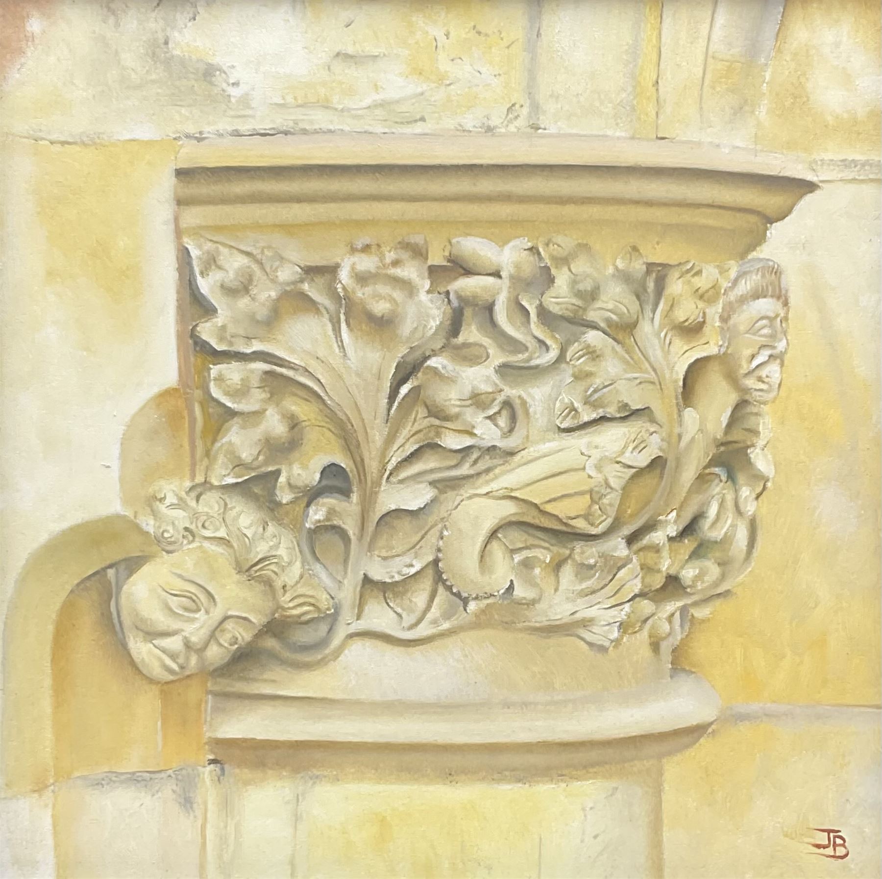 John Balman (British 1964-): Capital of Corinthian Column with Face detail in Beverley Minster, oil on panel signed with monogram 24cm x 24cm 
Notes: John studied architecture in Hull in the early 90's and pursued a career as an architect until 2014 when following illness he was forced to change his life direction completely. He is now a painter of still life and portraiture based in Beverley. His style is influenced by contemporary Dutch realism. His paintings invite a sense of calmness through the restrained subject matter and interplay of light and colour.