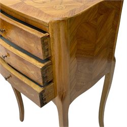 Pair of French inlaid walnut bedside cabinets, rectangular top with foliate inlays and raised three-quarter gallery, fitted with three drawers with crossbanded and floral inlaid facias, on cabriole supports