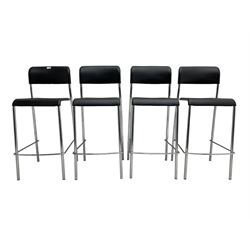 Set four Italian stacking bar stools, black back and seat over chrome supports