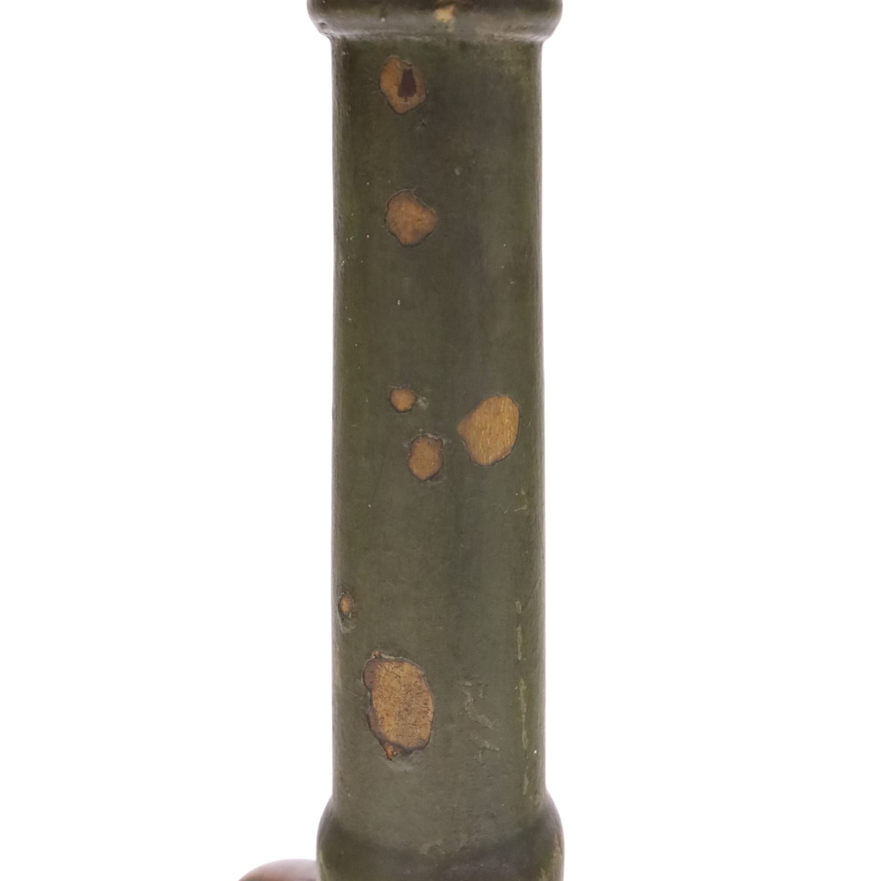 18th century primitive circular occasional table, single plank top with visible join, raised on turned column and splayed tripod base with shaped feet
