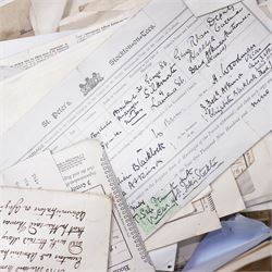 York and Yorkshire postal history and ephemera - large quantity of 19th and 20th century letters, postcards, stamped covers, empty envelopes, receipts, invoices, certificates, solicitor’s papers, estate papers and related ephemera, including York and Yorkshire addresses, Manor of Osbaldwick tithe rent-charge receipt, Joseph Peters & Sons solicitor material, marriage certificates, family correspondence, business invoices, Canadian/Montreal cover and various Victorian and later postal markings and stamps, in four large crates