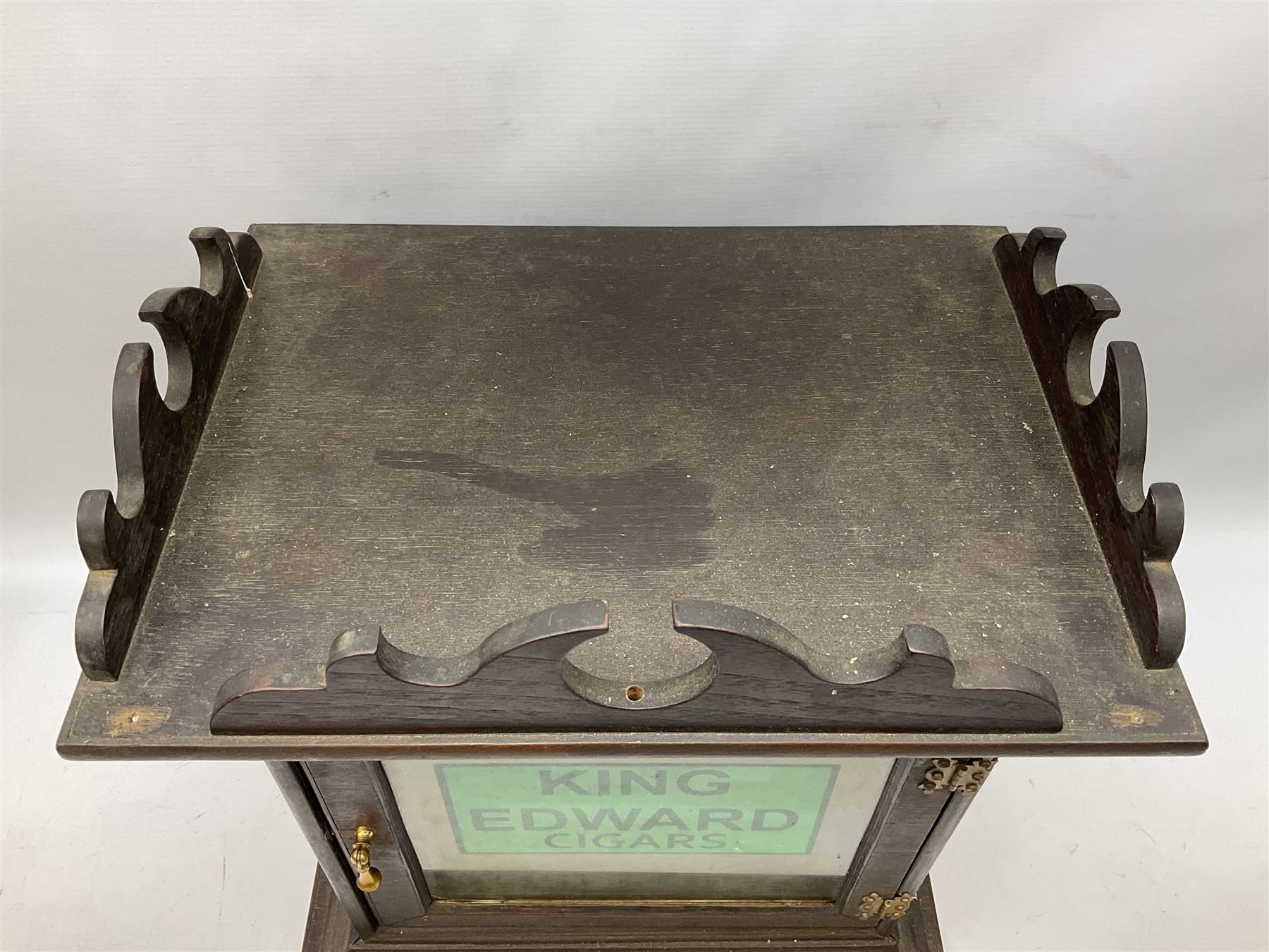 King Edward cigars countertop display advertising cabinet, with 'King Edwards Cigars' upon the glass and back opening door, H45cm, L42cm