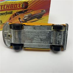 Matchbox 1-75 Series 'Superfast' ex-shop stock - unopened pack of six 22d Freeman Intercity Commuter models; and three others comprising 45c Ford Group 6, 56c BMC 1800 Pinafarina and 65d Saab Sonnet III; all boxed (9)