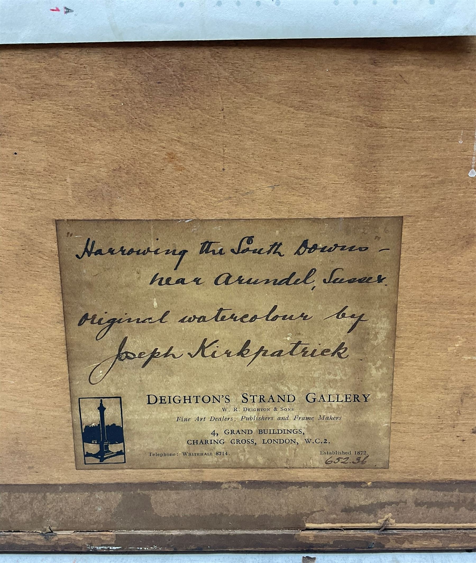 Joseph Kirkpatrick (British 1872-1930): 'Horses Harrowing the South Downs near Arundel Sussex', watercolour signed, titled verso 17.5cm x 25cm