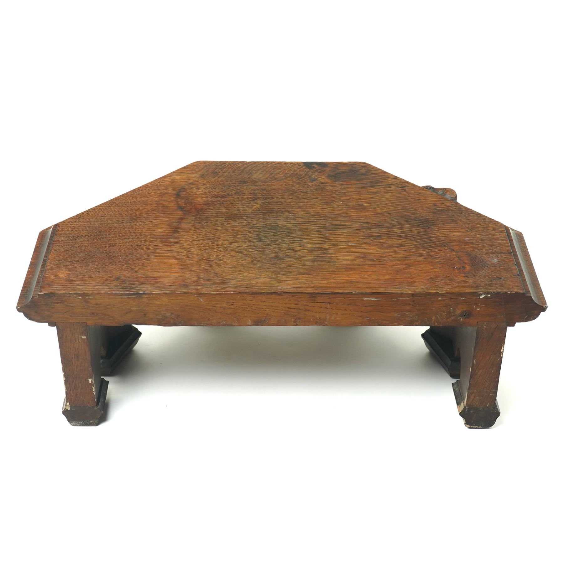 Mouseman - circa 1930s oak wedge shaped six sided plinth, of gothic design with carved berries and columnar supports, with carved mouse signature, by Robert Thompson of Kilburn