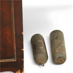 Robert Miller of Perth-Mid 19th century 8-day Scottish mahogany longcase clock c1850 with a swan necked pediment and break-arch hood door beneath, flanked by ring turned pilasters with brass capitals, trunk with full-length recessed barley twist columns, moulded panels and a shaped door with a recessed panel, on a conforming plinth with a decorative base, fully painted dial with depictions of fruit to the spandrels and an image of a gardener to the arch, with Roman numerals, subsidiary seconds and date dials, makers name and original stamped brass hands, dial pinned to a two train weight driven movement with rack striking and a recoil anchor escapement, striking the hours on a bell. With pendulum and weights.   The pendulum bob is fully painted with a depiction of a country cottage, this is an interesting feature only found on Scottish longcase clocks from the 19th century. 
Robert Miller is recorded as working from New Row, Perth in 1841.