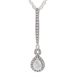 Silver pear shaped opal and cubic zirconia pendant necklace, stamped 925 