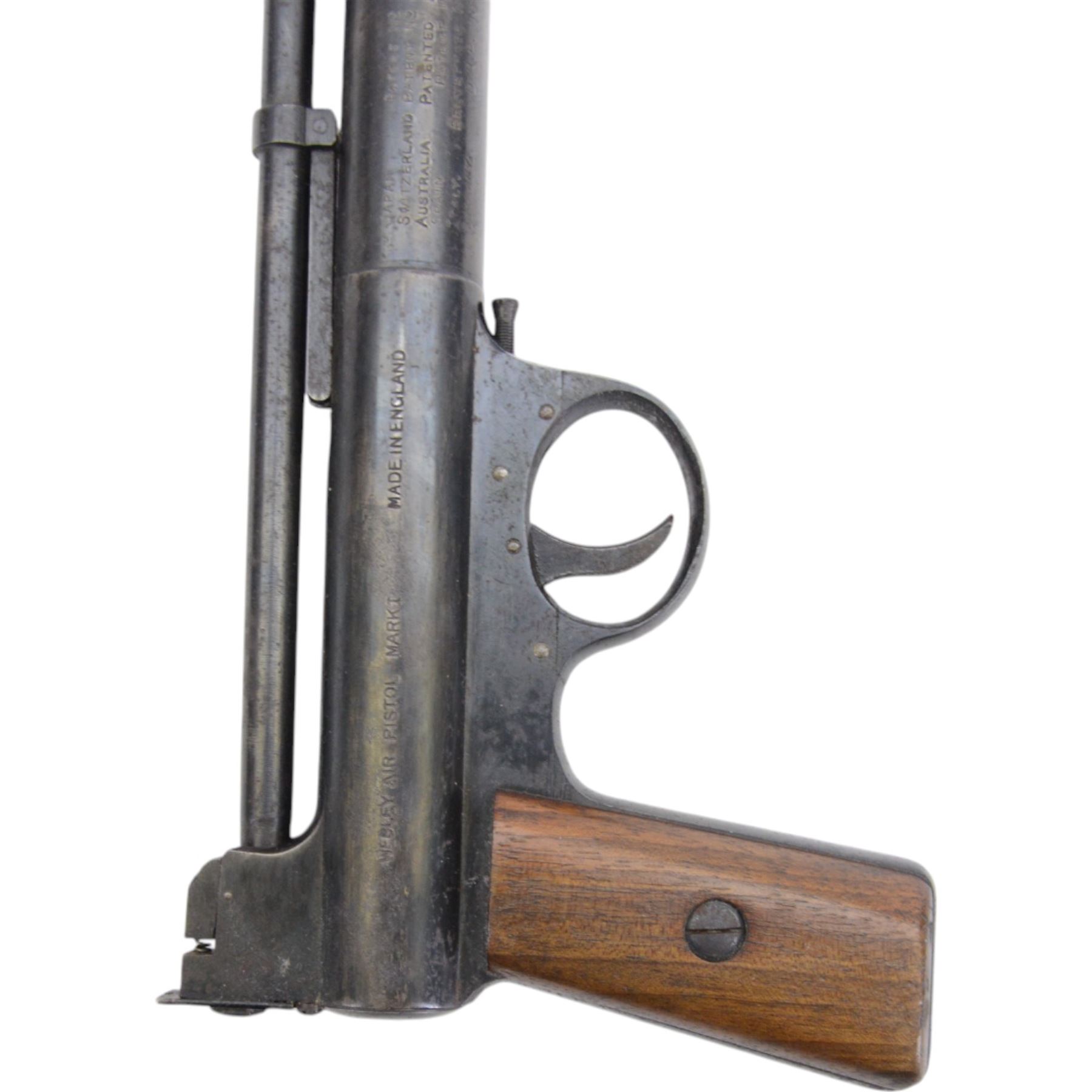 Webley Mark I .177 air pistol, circa 1924, serial number 34599, the air chamber marked Webley Air Pistol Mark I, Webley & Scott Ltd. Birmingham & London, with logo inset to the wooden grips, H13cm, L20cm