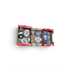 Collection of blue and white ceramics including Spode Italian pattern, covered tureens, ju...