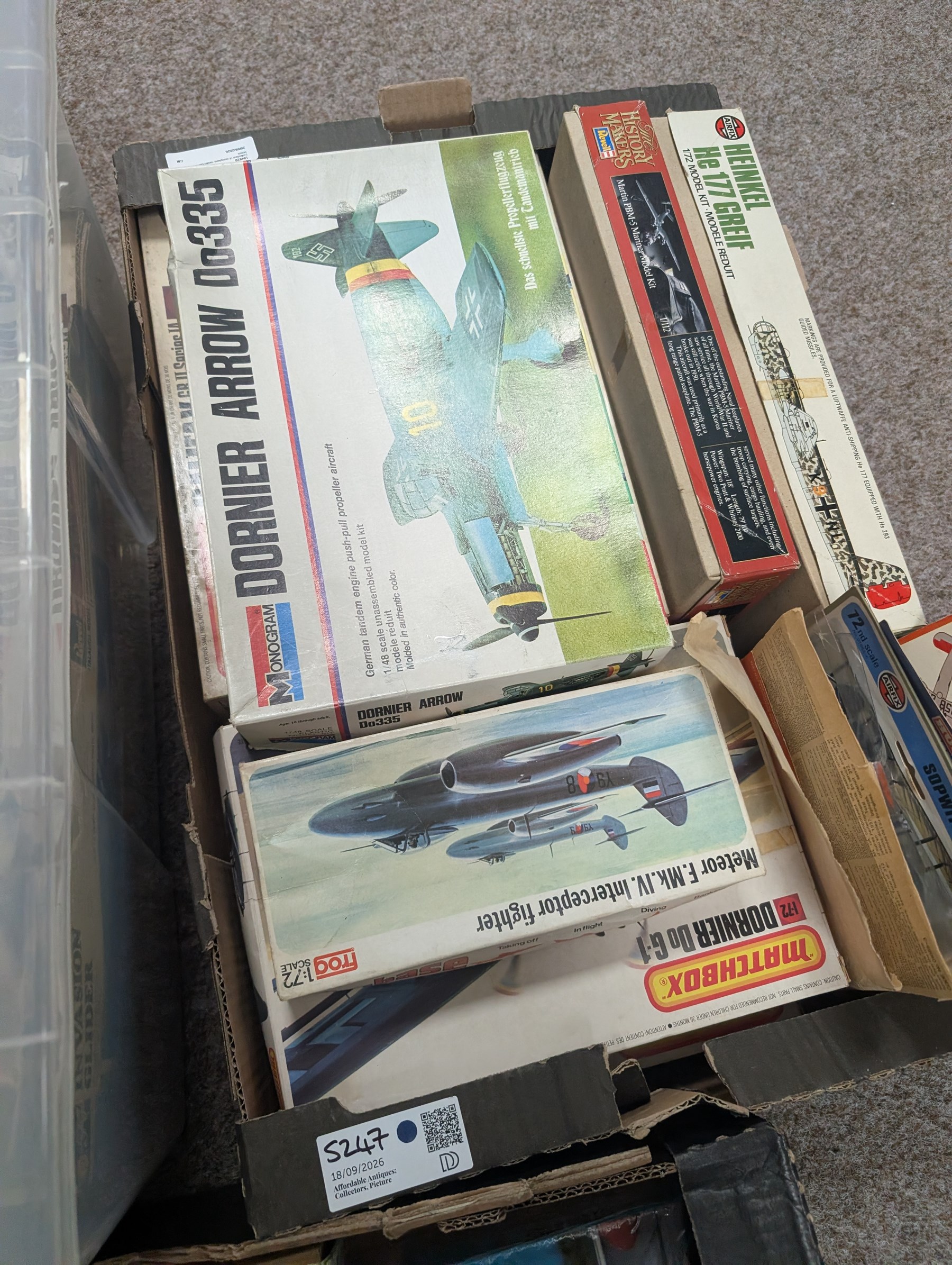 Collection of aeroplane model kits in three boxes, including Revell, Monogram, Airfix, etc