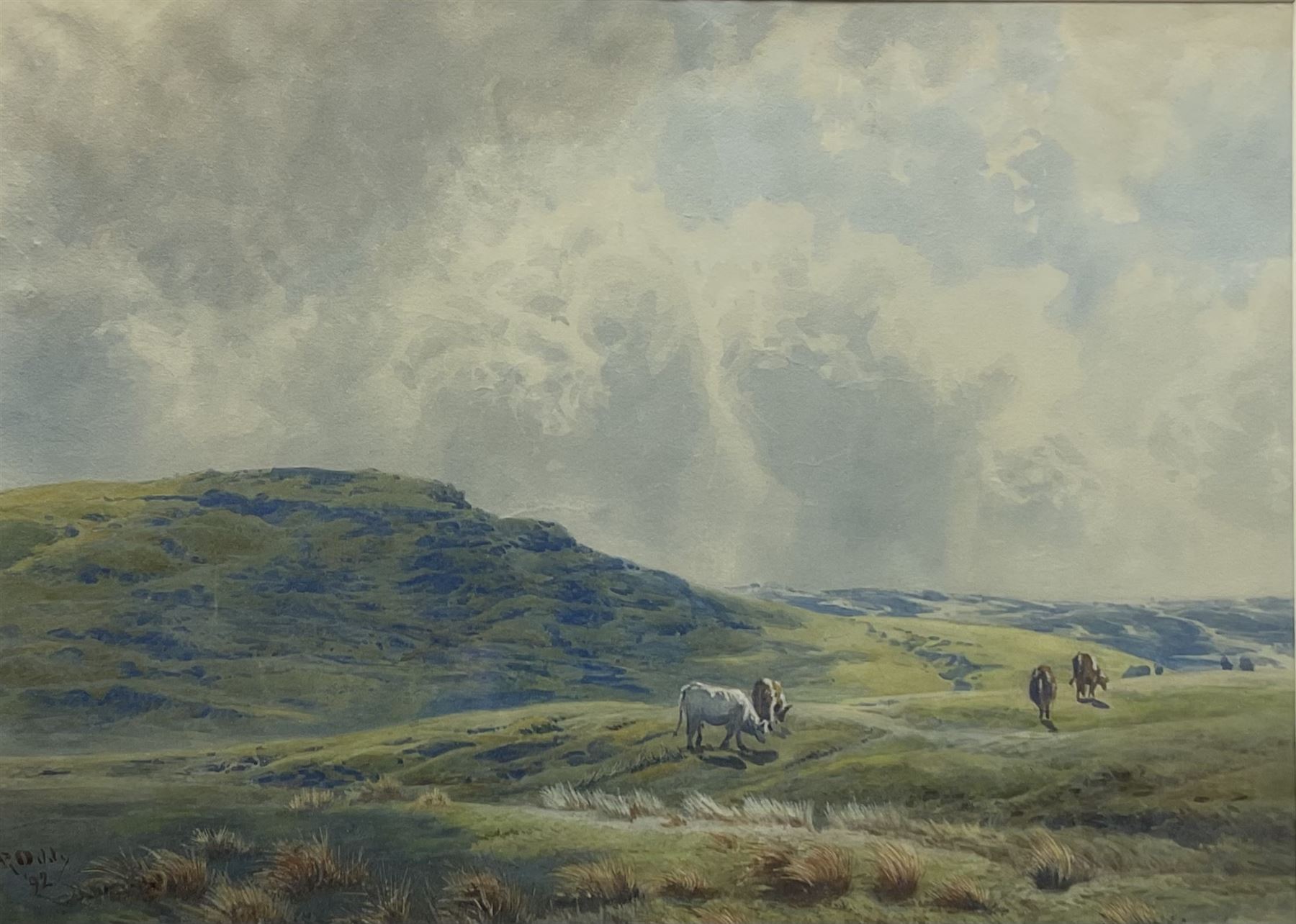 Henry Raphael Oddy (British 1852-1907): Cattle Grazing in the Uplands, watercolour signed and dated '92, 47cm x 65cm