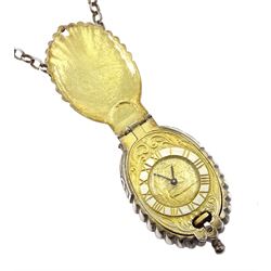 Silver and silver-gilt novelty manual wind watch pendant, in the form of a shell, by St James House Company, London 1975, on silver belcher link chain necklace, boxed