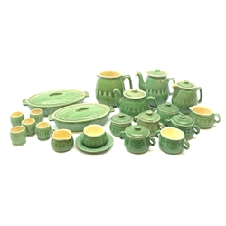 Bourne Denby Epic dinner and tea wares, to include tea pot, hot water pot, and coffee pot, large jug. a number of small twin handled jars (four with covers), milk jug, open sucrier, two tureen and covers, etc. 