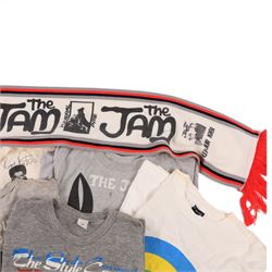Five 1980s The Jam/Paul Weller/The Style Council tour/band t-shirts, including Cafe Bleu, The Paul Weller Movement, Dig The New Breed, A Solid Bond in Your Heart and Beat Surrender Tour 1982, together with a 1981 The Jam tour scarf and a Baby Axe Company miniature model of Paul Weller's Rickenbacker guitar