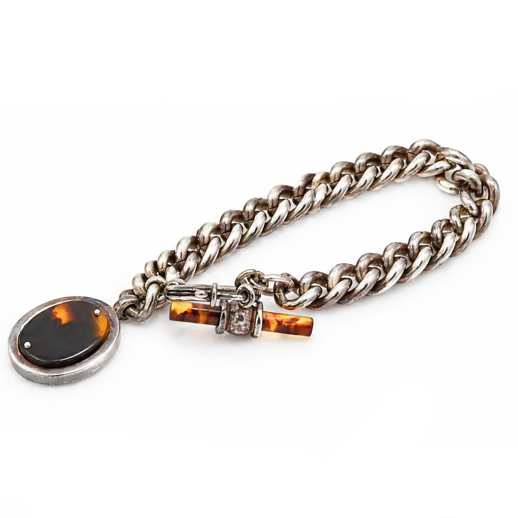 Ralph Lauren silver-plated curb link chain bracelet, with simulated tortoiseshell T bar and charm