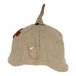 WWI canvas Pickelhaube Überzug (helmet cover), with ventilated finial cover, meta hooks to the seams, witha red cross to the front, marked to the inside ' BAVI 1915 '.