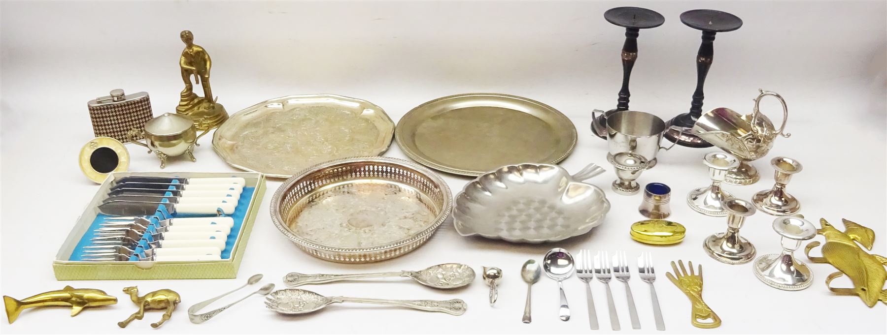 Assorted metalware including two silver plated serving spoons, Firth Staybrite Sheffield fish knives and forks, assorted brassware and other items