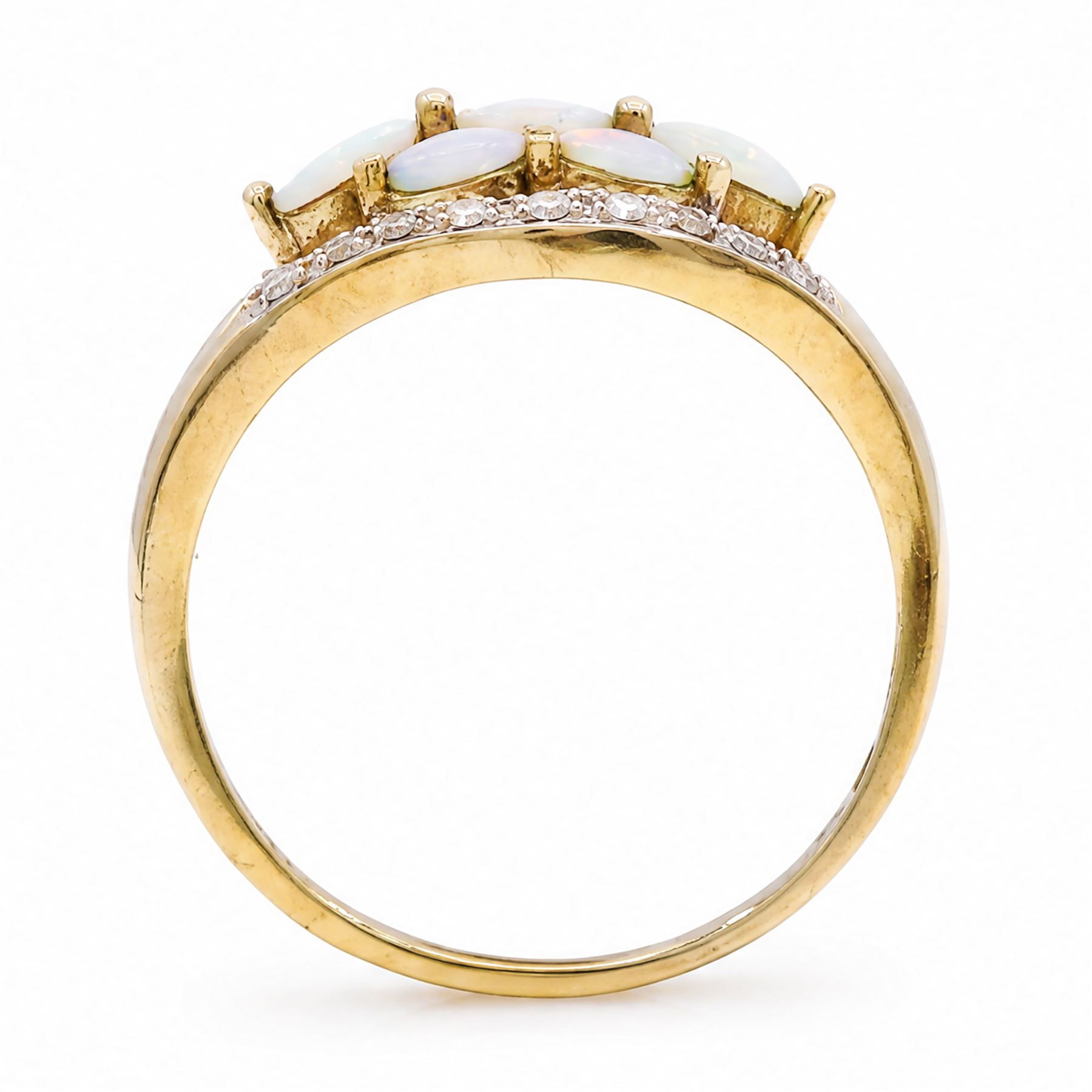 9ct gold opal and diamond cluster ring, seven marquise cut opals, surrounded by diamond chips, in a pierced design setting, Birmingham 2004