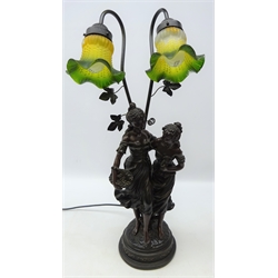  Bronzed figural twin branch table lamp with coloured glass shades, H65cm   