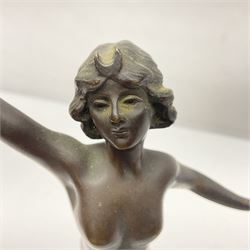 Bronze figure modelled as a nude woman with one arm raised a crescent moon upon her forehead, raised upon a circular stepped plinth, H36cm