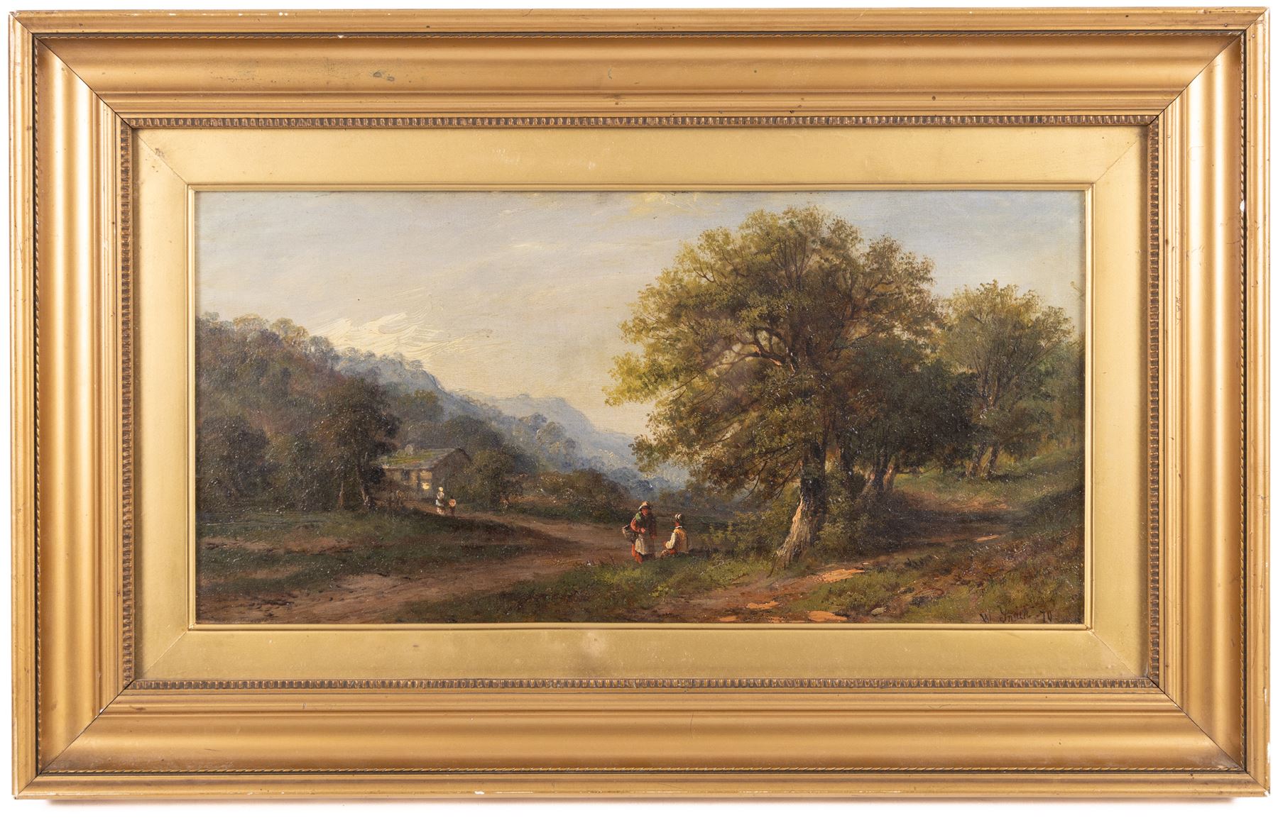 Thomas Walter Wilson (British 1851-1912): Fishermen By the River, watercolour faintly signed 16cm x 34cm;W Smith (British 19th Century): Forest Path, oil on canvas signed and dated '70, 19cm x 39cm (2)
