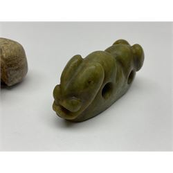 Chinese hardstone carving of a fish amongst coral, with platted rope handle, together with other hardstone and soft stone carvings  