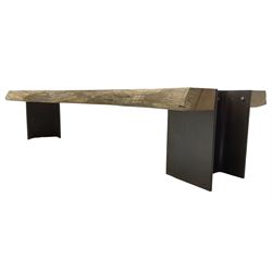 Raw edge shaped oak plank bench or side table on steel RSJ supports